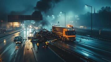 A night scene of a serious truck accident on a highway with emergency responders present photo