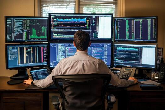 A person analyzes financial data on multiple screens in a modern office setup photo
