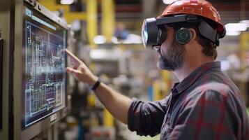 A worker using virtual reality technology to interact with industrial schematics photo