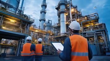 Engineers inspecting a modern industrial facility at dusk photo