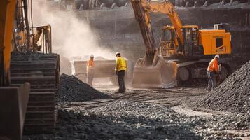 Construction site with machinery and workers managing heavy materials in a dusty environment photo