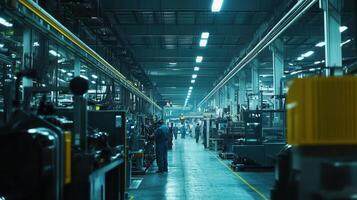 A spacious industrial factory floor with machinery and workers engaged in production photo