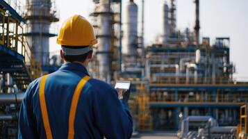 Worker in safety gear using a device in an industrial facility photo