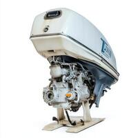 A vertical view of an outboard motor, showcasing its engine and design for marine use photo