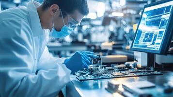A technician inspects a circuit board in a lab setting, focusing on electronics assembly photo