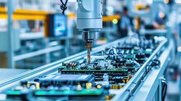 Robotic arm assembling electronic circuit boards in a manufacturing facility photo