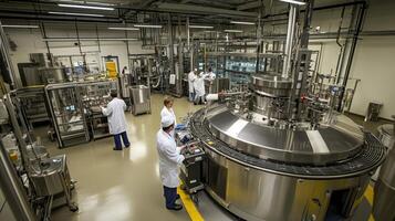 Industrial laboratory with workers operating machinery in a clean environment photo
