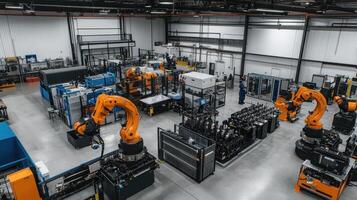 A modern industrial workspace featuring robotic arms and machinery for automation. photo