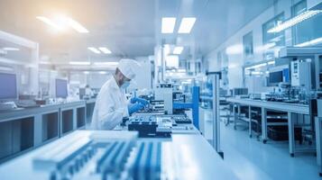 A technician works in a modern laboratory setting, handling equipment and samples photo