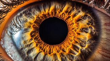 Close-up of a human eye showcasing intricate patterns and vibrant colors photo