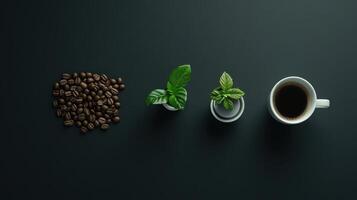 A visual progression from coffee beans to brewed coffee, highlighting the coffee-making process photo