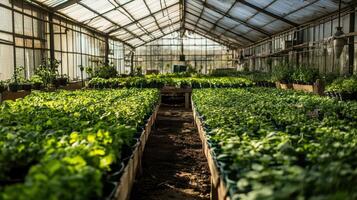 A vibrant greenhouse filled with healthy plants in rows, showcasing growth and cultivation photo