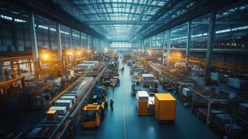 A spacious industrial warehouse filled with machinery, pallets, and workers photo