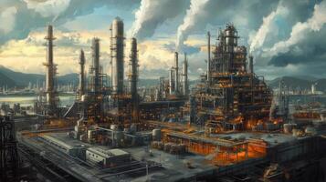 A sprawling industrial complex with towering smokestacks and glowing lights at dusk photo