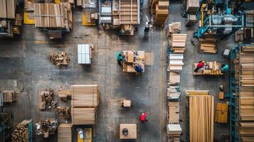 Aerial view of a busy warehouse with workers organizing and packing materials photo