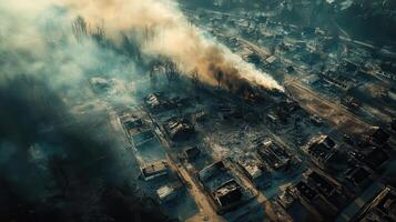 Aerial view of a devastated area with smoke rising from burning structures photo