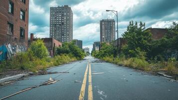 Abandoned urban street with overgrown vegetation and derelict buildings under a cloudy sky photo