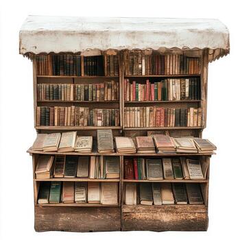 A wooden book stall filled with various old books, showcasing a quaint reading space photo