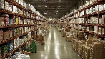 A spacious warehouse filled with shelves of boxes and products for storage and distribution photo