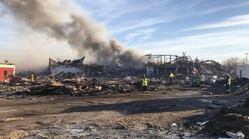 A devastated site with smoke rising, indicating a recent fire or explosion photo