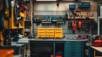 A well-organized workshop with tools and storage for various projects photo