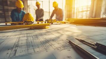 Construction workers examining blueprints at a job site with tools and sunlight photo