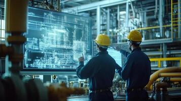 Engineers analyzing digital blueprints in an industrial setting photo