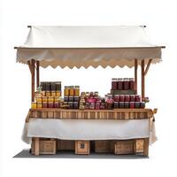 A charming market stall displaying a variety of colorful jars of preserves and jams photo