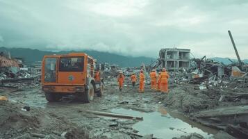 Rescue workers in orange suits assess damage in a disaster-stricken area with debris photo
