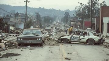 A street devastated by disaster, showcasing damaged vehicles and debris scattered across the road photo