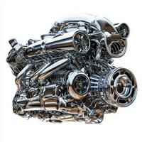 A highly detailed, chrome-finished engine showcasing intricate mechanical components photo