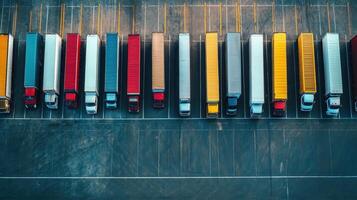 Aerial view of parked trucks in a logistics yard, showcasing transport organization photo