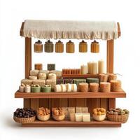 A wooden market stall displaying various handmade soaps, candles, and natural products photo