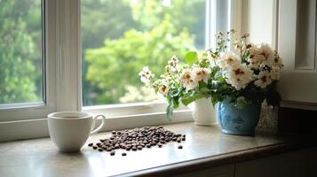 A serene kitchen scene featuring coffee, beans, and flowers by a window photo