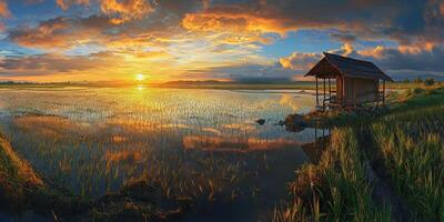 A serene sunset over a rice field with a wooden hut reflecting in the water photo