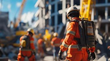 Construction workers in safety gear at a building site, focusing on teamwork and safety photo
