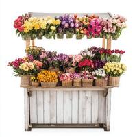 A vibrant flower stall showcasing a variety of colorful blooms in baskets photo