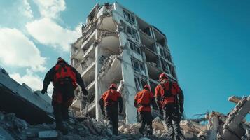 Rescue workers assess a collapsed building after a disaster photo