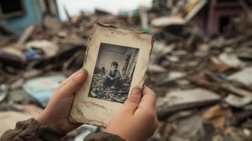 A child holds a worn photograph amidst a devastated landscape, evoking loss and memory photo