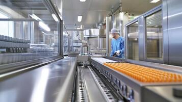 A clean industrial setting with a worker overseeing a production line of orange vials. photo