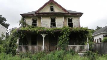 An abandoned house overgrown with vines, showcasing decay and nature's reclamation photo