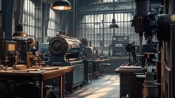 A vintage workshop filled with machinery and tools, showcasing industrial craftsmanship photo