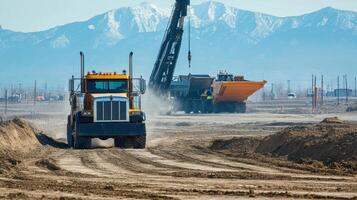 Construction site with a truck and crane in a mountainous landscape photo