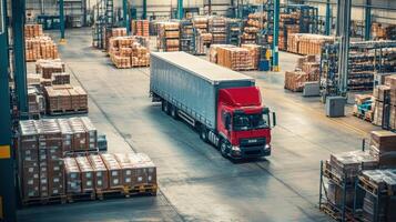 A red truck parked inside a large warehouse filled with stacked pallets and boxes photo