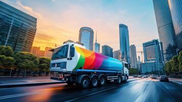 A colorful fuel truck drives through a modern city at sunset, showcasing urban transport. photo