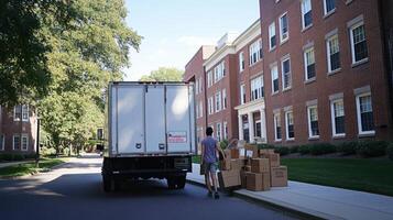 A person unloading boxes from a truck near a brick building on a sunny day photo