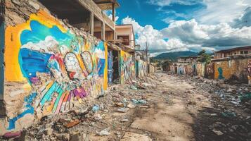 A vibrant street art scene amidst urban decay, showcasing creativity in a neglected area photo