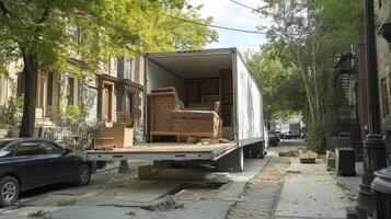 A moving truck parked on a street with furniture and boxes being loaded photo