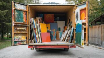 An open truck filled with various colorful paintings and artworks for transport. photo