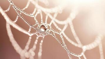 A close-up of a spider web adorned with dew droplets, shimmering in soft light photo